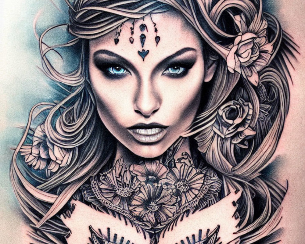 Detailed Tattoo-Style Illustration of Woman with Floral Patterns