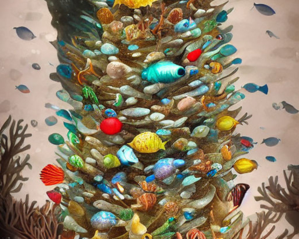 Colorful Marine-Themed Christmas Tree with Sea Creatures and Coral