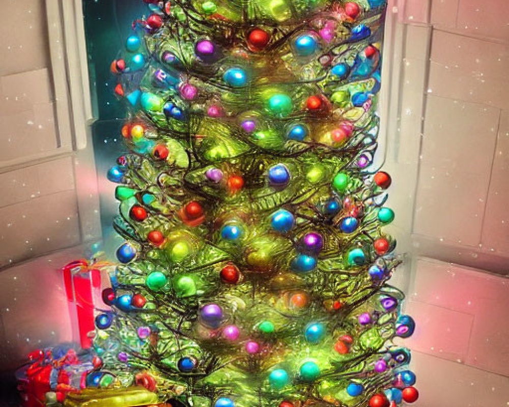 Colorful Christmas tree with lights, ornaments, star, gifts, robot, and spaceship