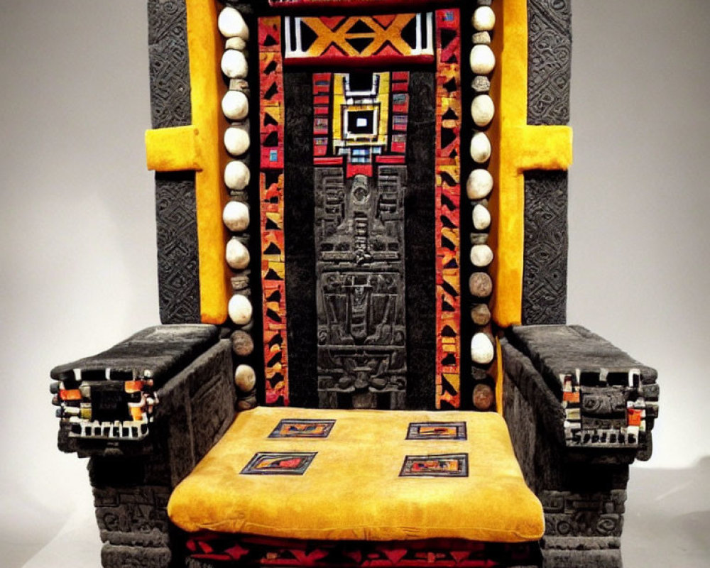 Intricate tribal-style throne with textiles, beads, and carvings