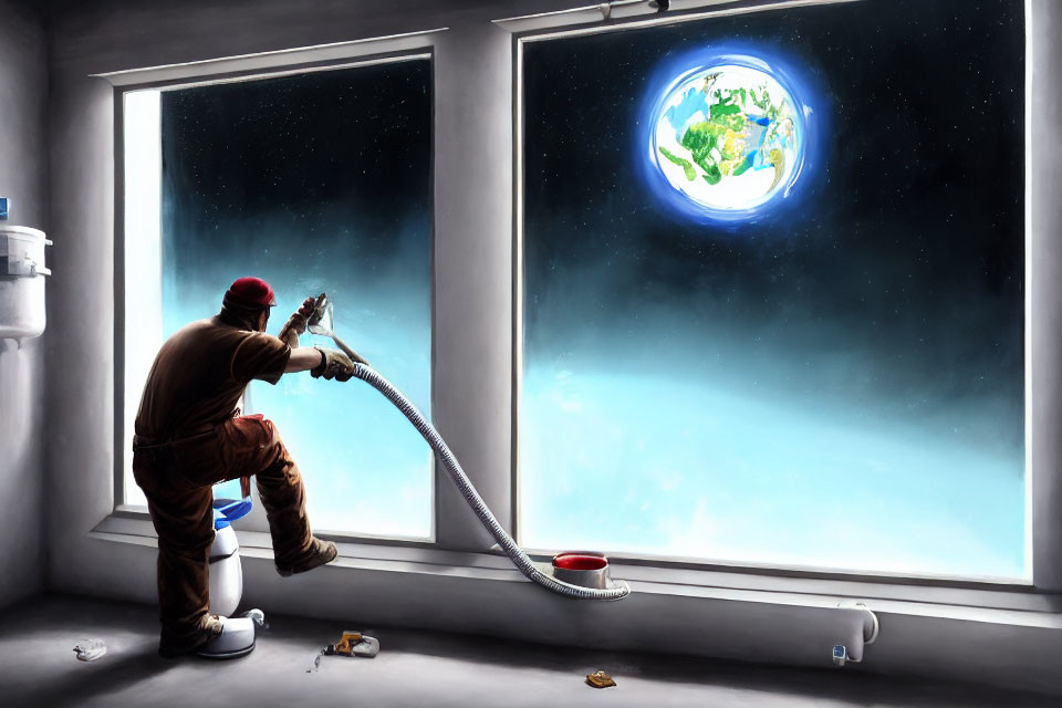 Person in red hat washes window showing Earth from space