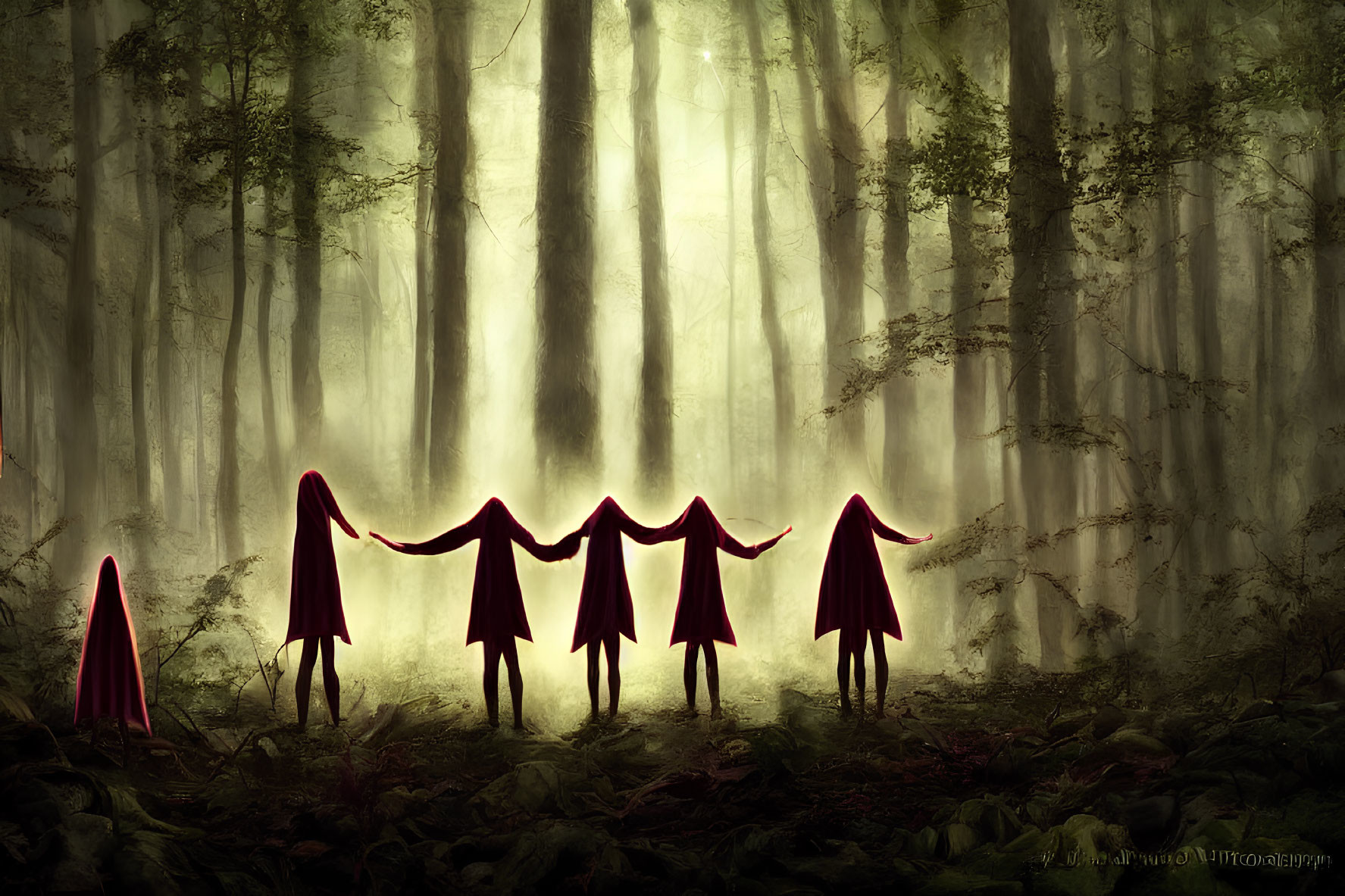 Mystical red-cloaked figures in foggy forest with sunlight