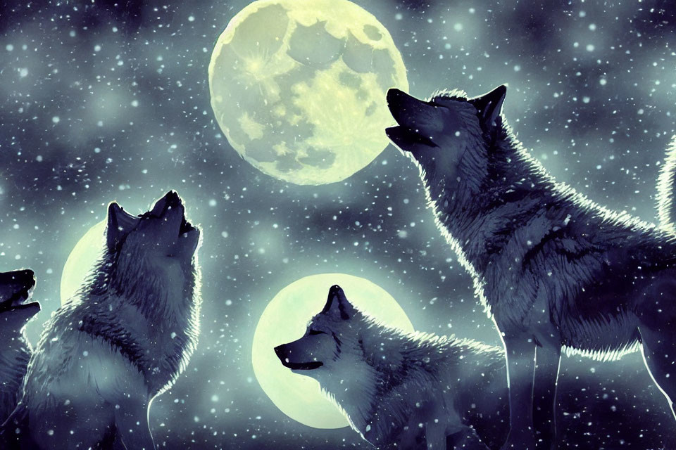 Three wolves howling under a full moon in starry night sky
