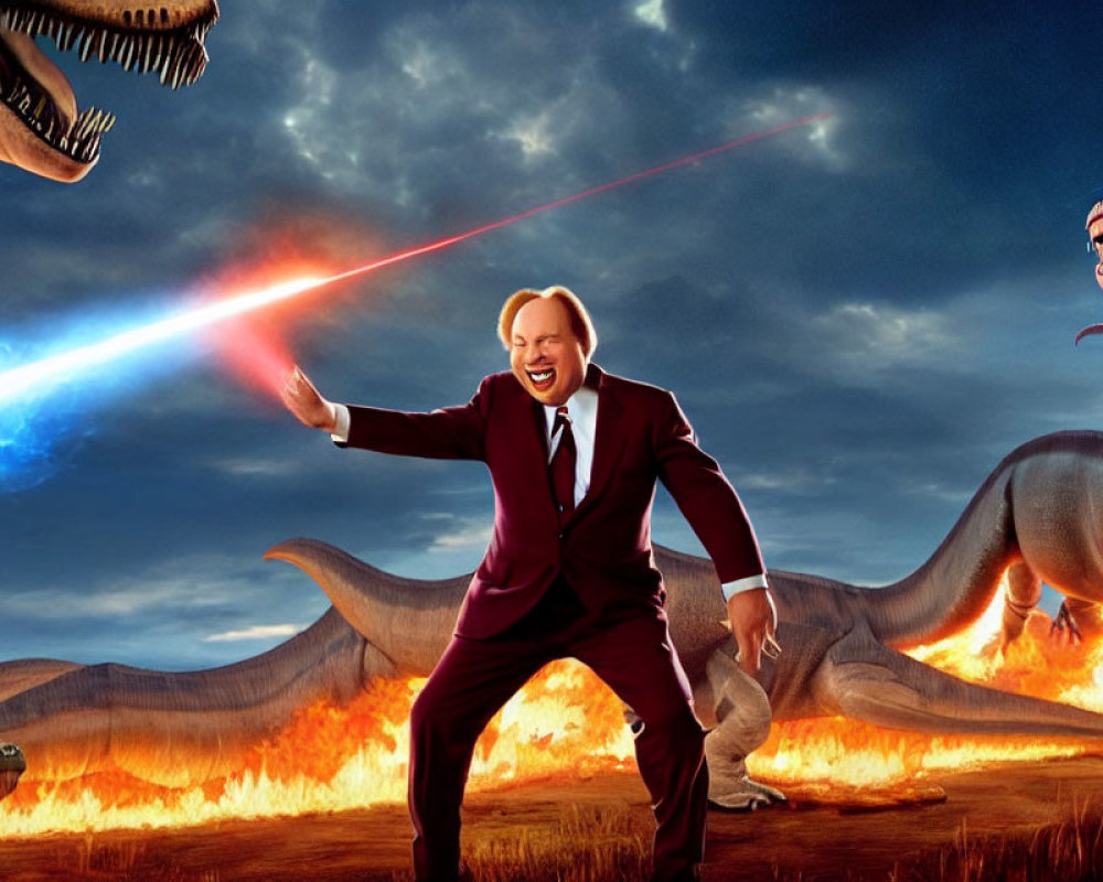 Person in suit shoots beams at dinosaurs in fiery stormy scene
