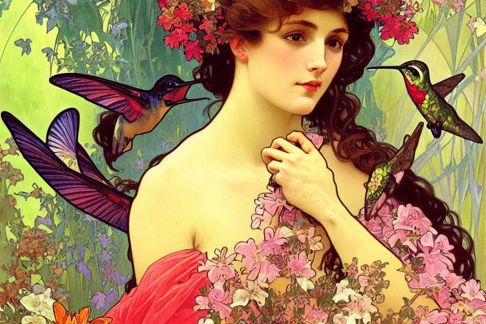 Vintage Art Nouveau illustration of woman with flowing hair, flowers, and hummingbirds