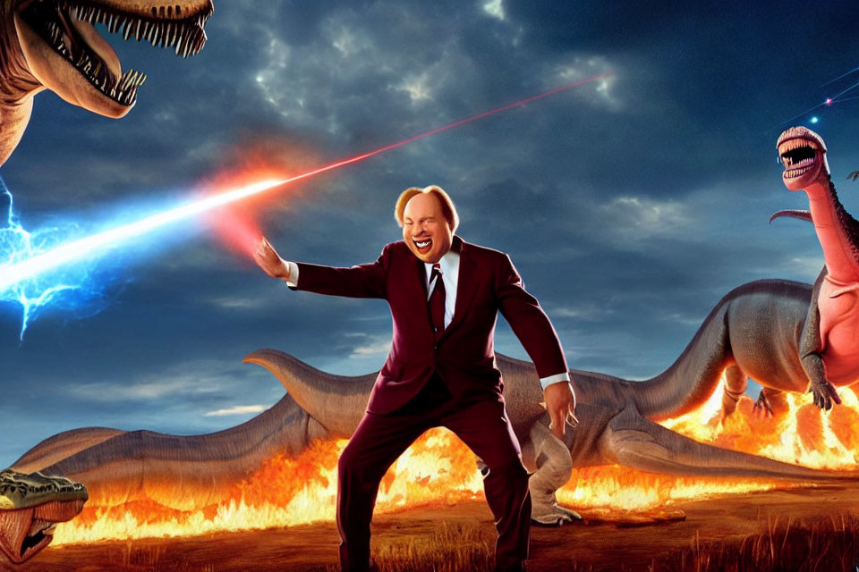 Person in suit shoots beams at dinosaurs in fiery stormy scene