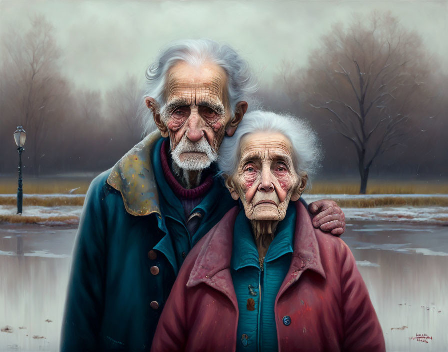 Elderly couple in wintry park with leafless trees