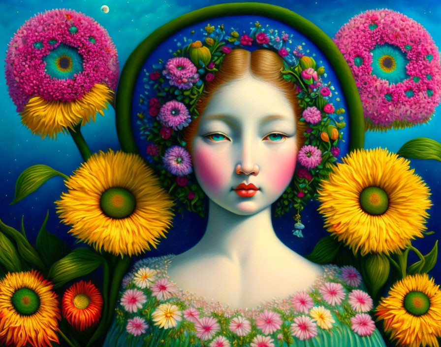 Vibrant flower surreal portrait with halo ring & dreamlike background