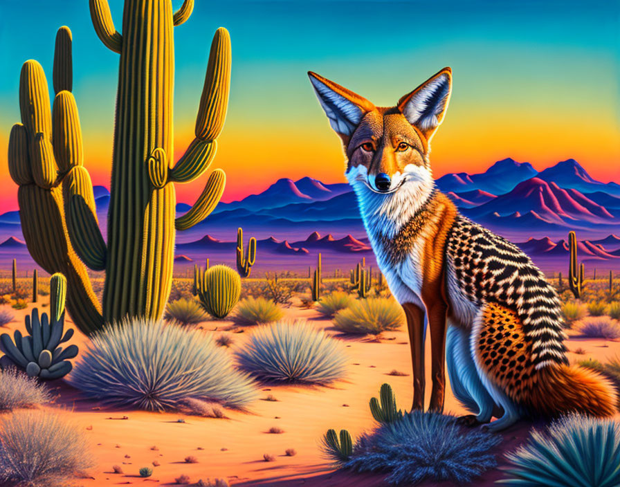 Vibrant desert landscape with fox, cacti, mountains & sunset