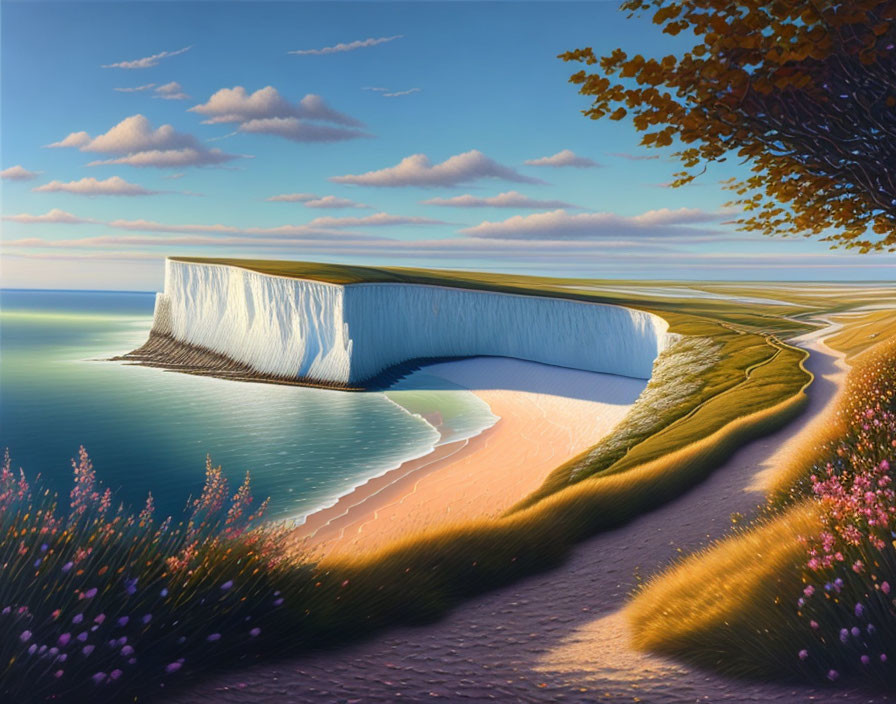 Surreal landscape with cross-section cliff, serene sea, sandy beach, grassy path