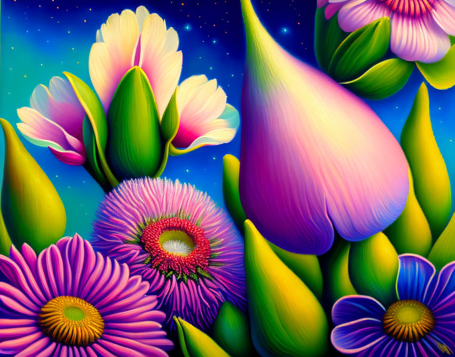 Colorful digital painting of stylized flowers in night sky