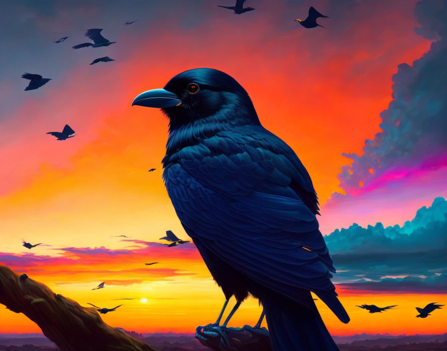 Colorful Raven Perched on Branch at Sunset with Birds Silhouettes