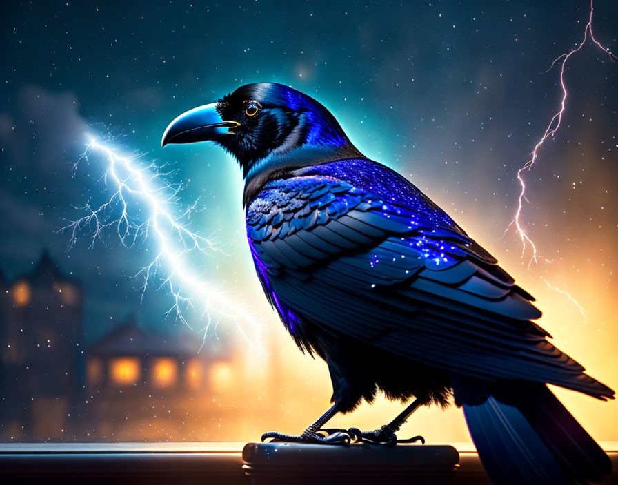 Vibrant raven with iridescent feathers against dramatic night sky and castle-like structures
