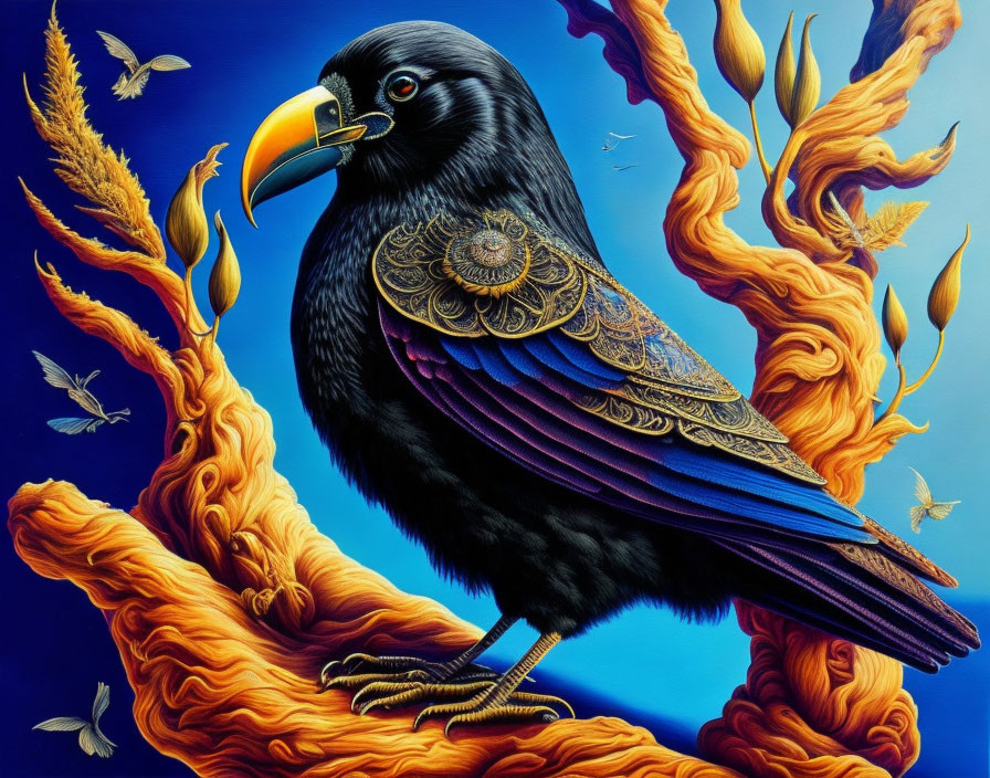 Colorful Raven Artwork with Intricate Patterns and Flaming Branches