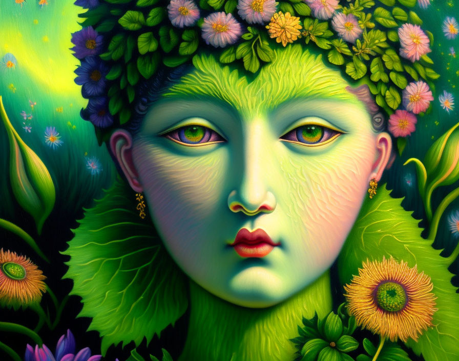 Colorful Face Illustration with Green Skin and Flower Crown