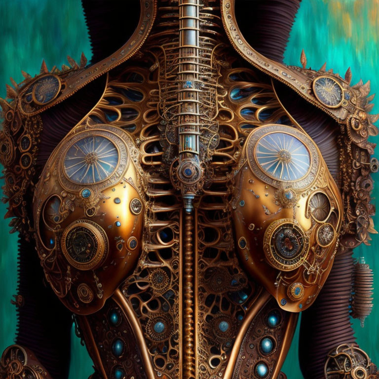 Detailed Steampunk Mechanical Torso Design with Gears and Copper Armor on Teal Background