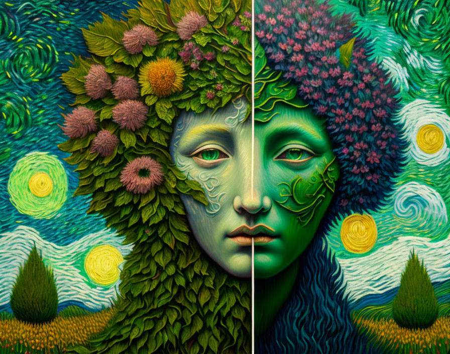 Stylized faces merged with nature in floral setting on swirling background