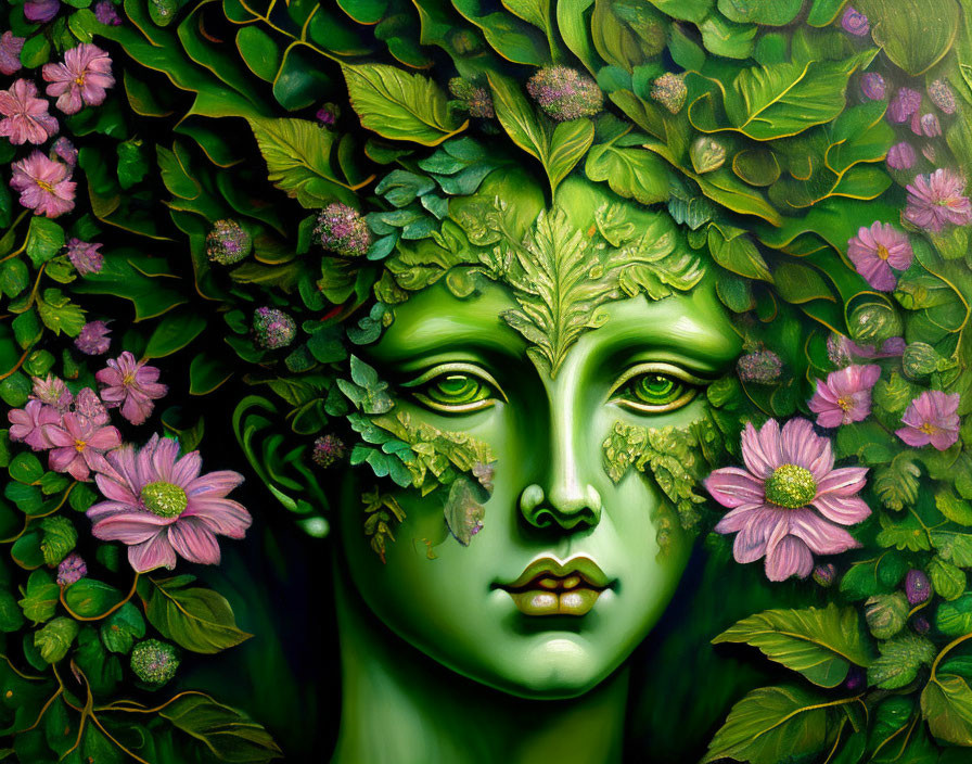 Colorful painting of green humanoid face with plant-like features and pink flowers in nature setting