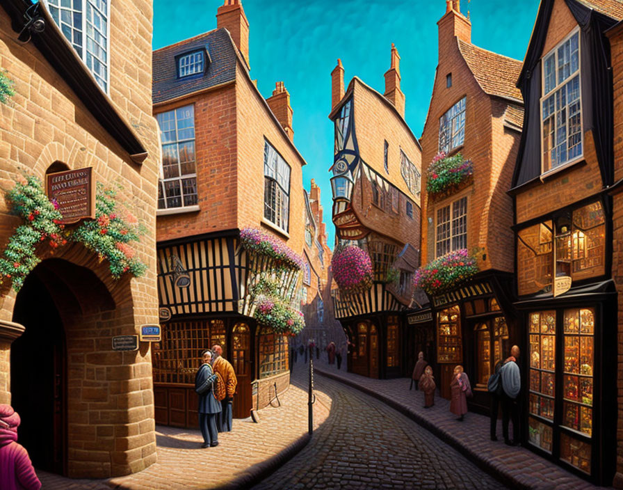 Tudor-style buildings and flower baskets in a bustling street scene