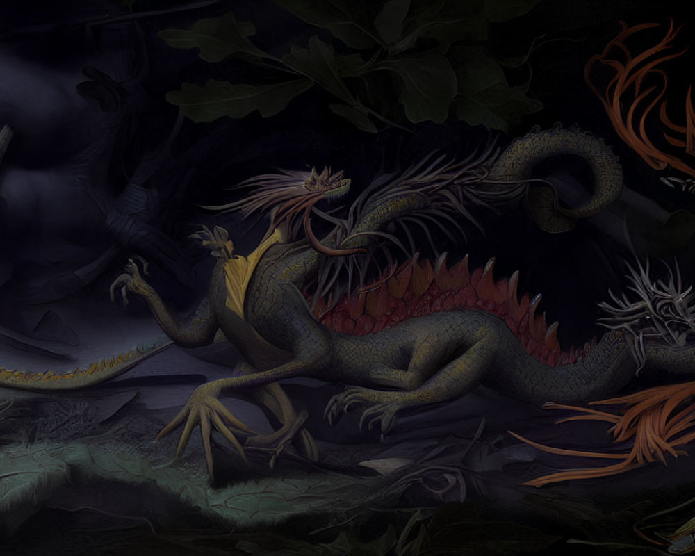 Illustration of mythical dragon in dark, atmospheric setting