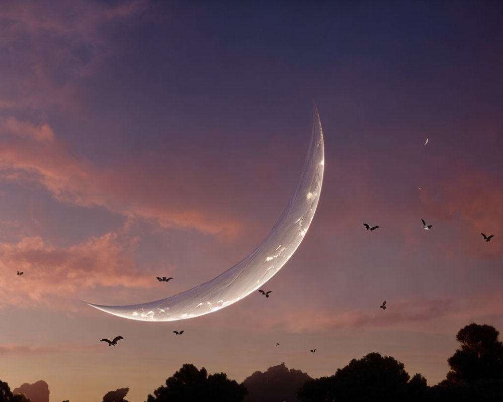 Twilight sky with large crescent moon, birds, and tree silhouettes