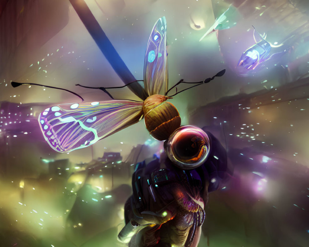 Person in futuristic gear gazes at giant butterfly in surreal setting