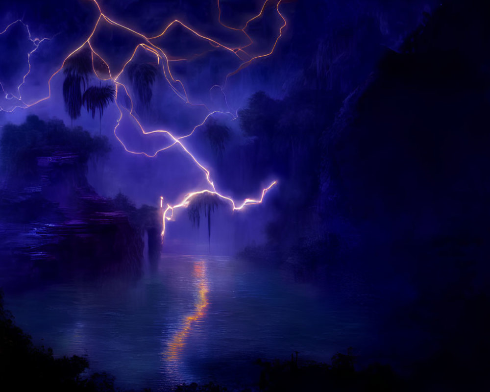 Digital Artwork: Nocturnal Scene with Lightning, Mystical Waterfall, and Trees