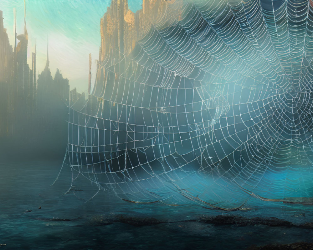 Spiderweb with dewdrops and misty city spires under golden sky