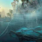 Spiderweb with dewdrops and misty city spires under golden sky