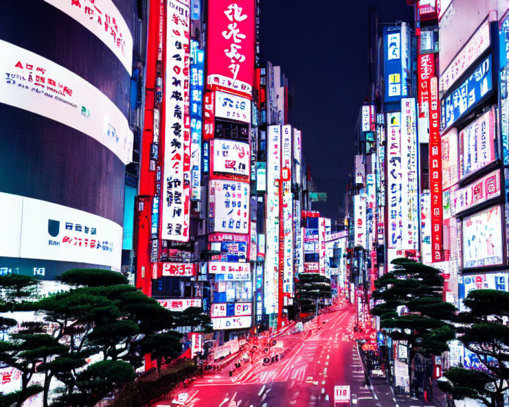 Neon-lit Japanese cityscape at dusk with empty streets and lined trees