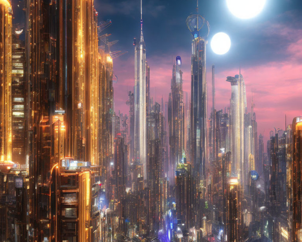 Luminous futuristic cityscape with glowing skyscrapers at dusk