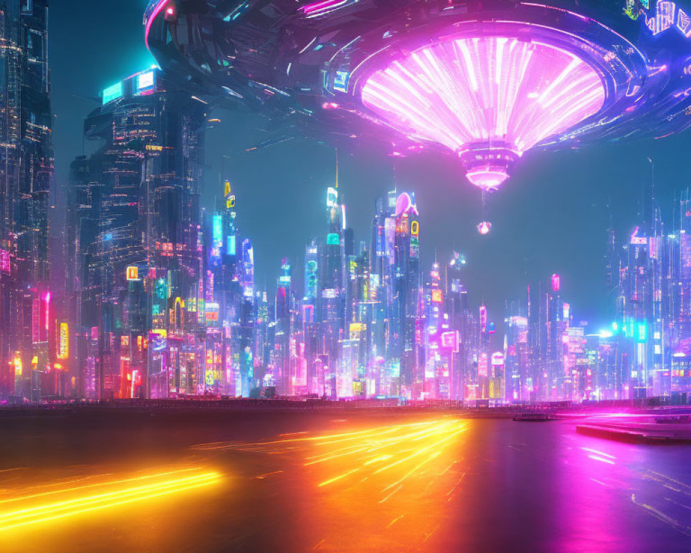 Futuristic night cityscape with neon lights, skyscrapers, and hovering saucer emitting pink
