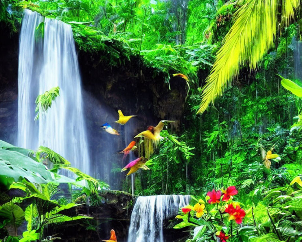 Tropical forest scene with colorful birds, lush cascade, and vibrant flowers