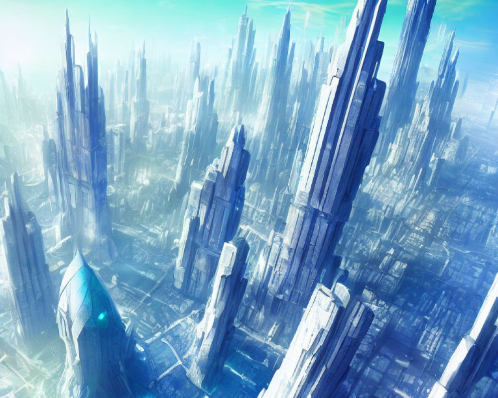 Futuristic cityscape with crystal skyscrapers under hazy blue sky