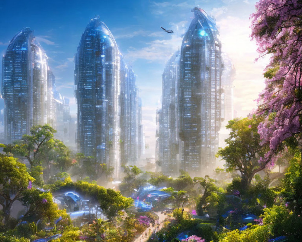 Futuristic cityscape with greenery, glass skyscrapers, pink trees, and birds in