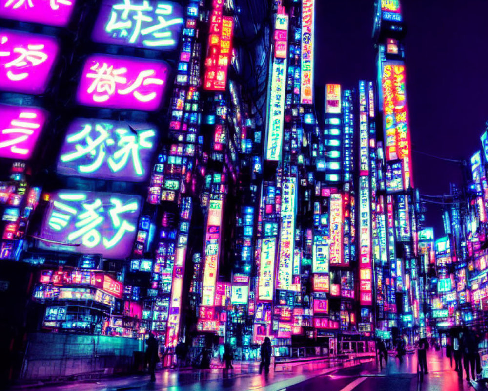 Vibrant neon-lit city street at night with colorful signage
