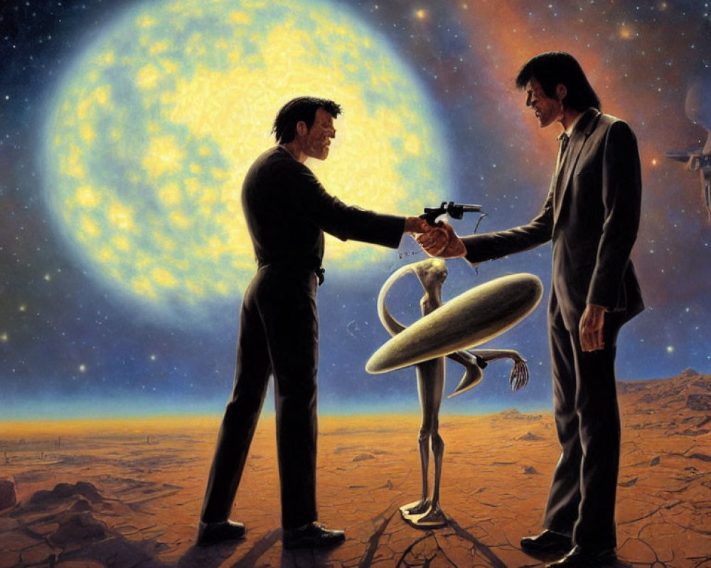 Two men in suits handshake on barren landscape with alien and futuristic chair.