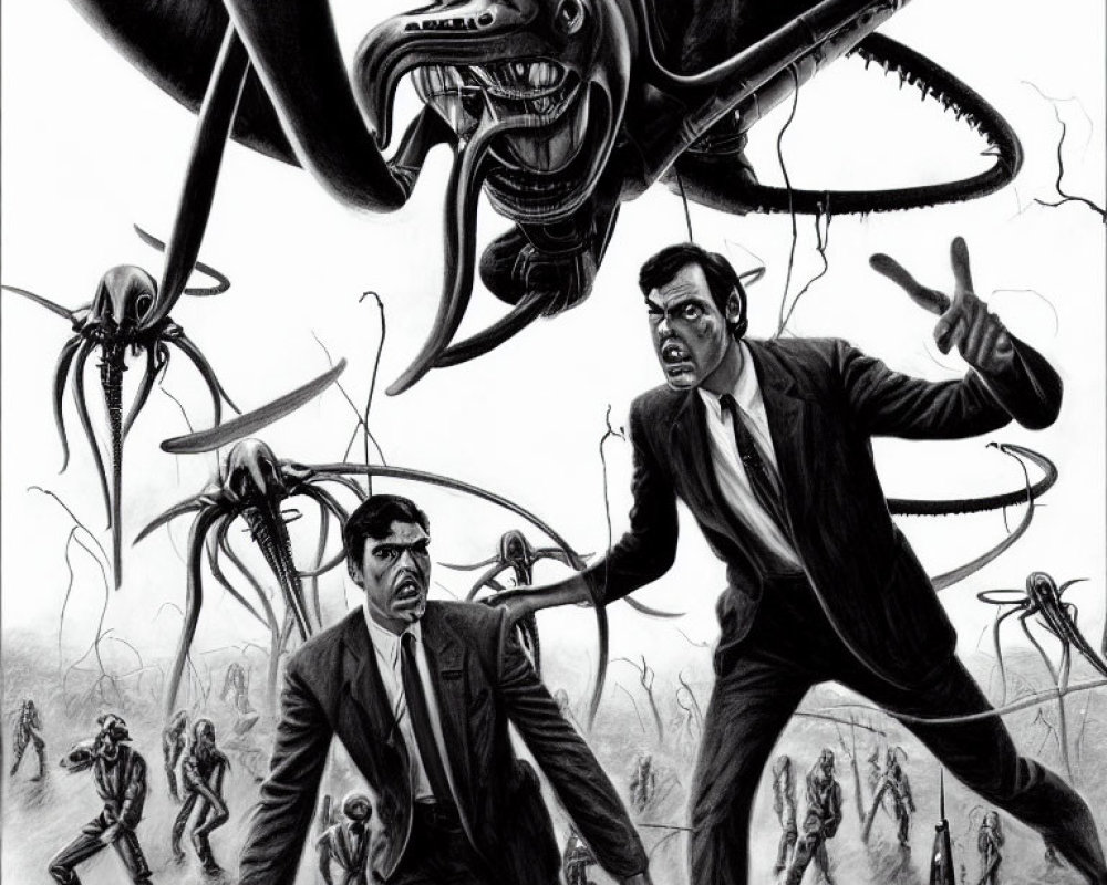 Monochrome illustration: Terrified people in suits fleeing from large tentacled creatures with beak-like