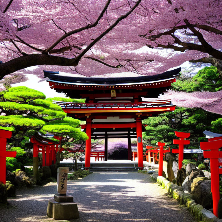 Serene Japanese garden with cherry blossoms and torii gates