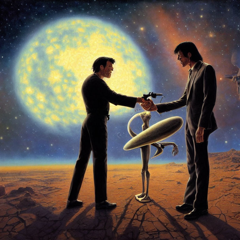 Two men in suits handshake on barren landscape with alien and futuristic chair.