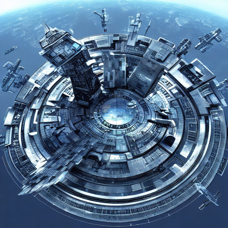 Circular futuristic cityscape with glowing core, high-rise buildings, flying vehicles, Earth backdrop
