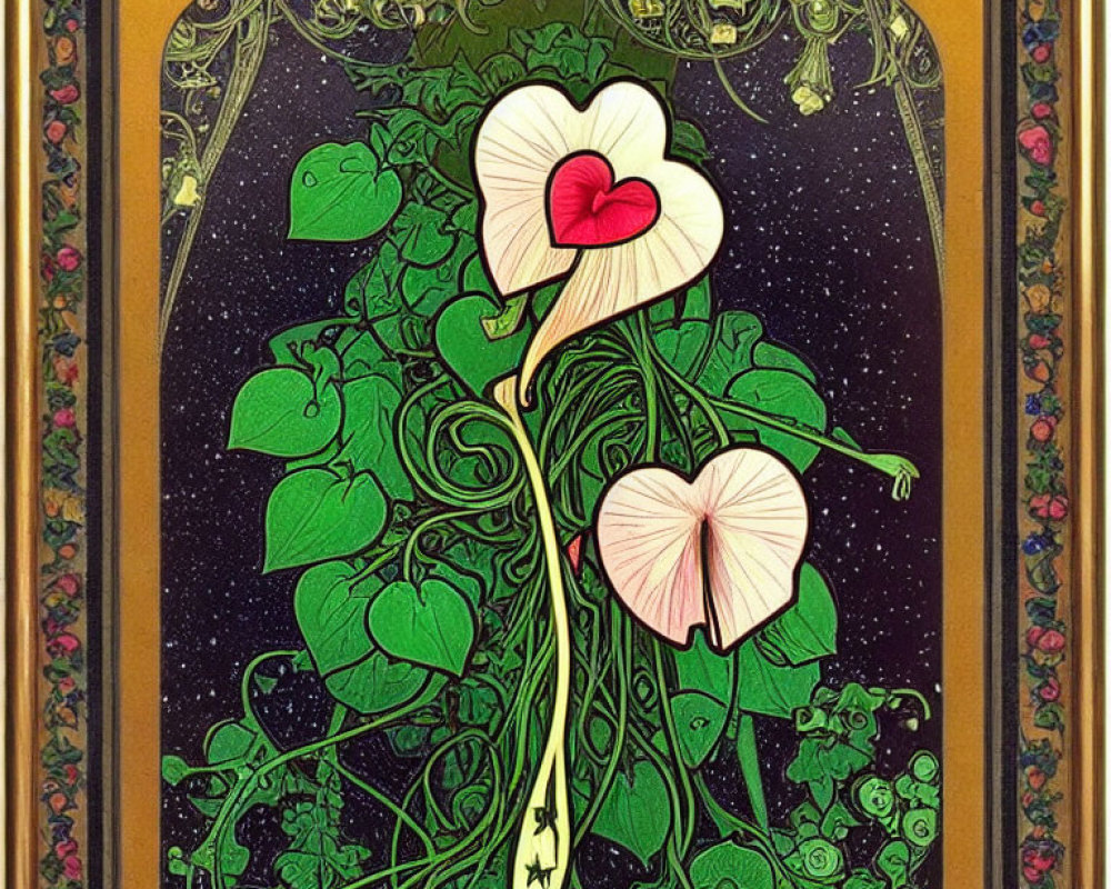Art Nouveau Style Illustration: Heart-shaped leaves, flowers, starry night sky, ornate