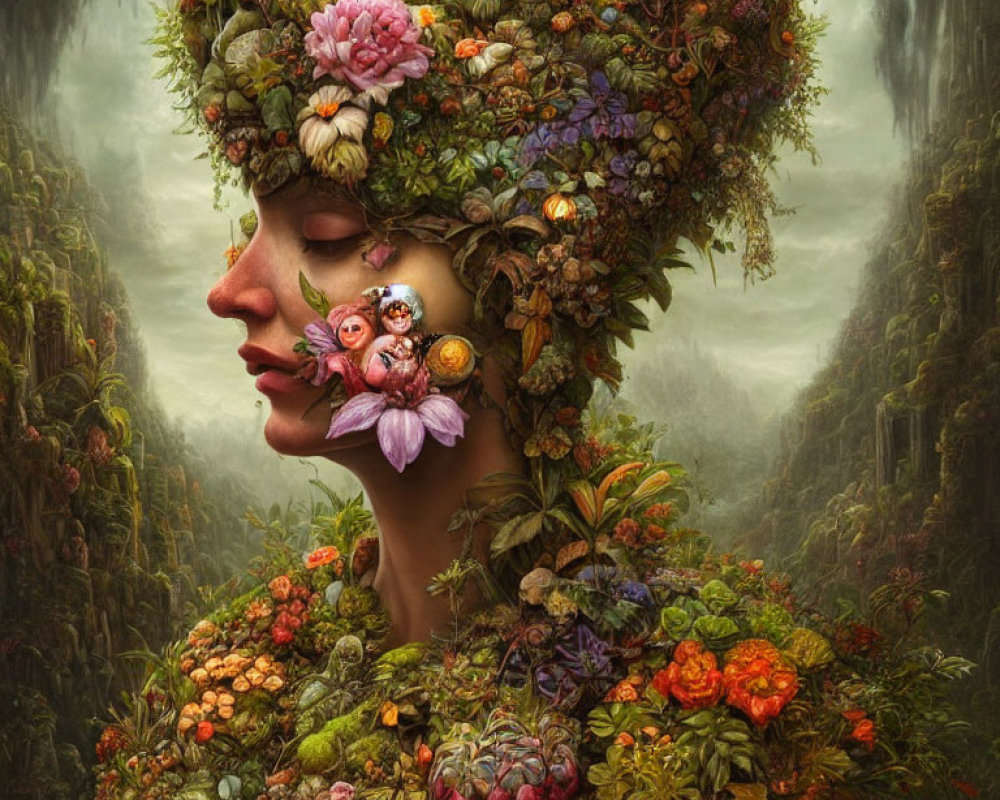 Surreal portrait of person with flower crown in misty forest