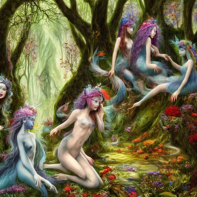 Vibrant fantasy artwork of mystical nymph-like creatures in enchanted forest
