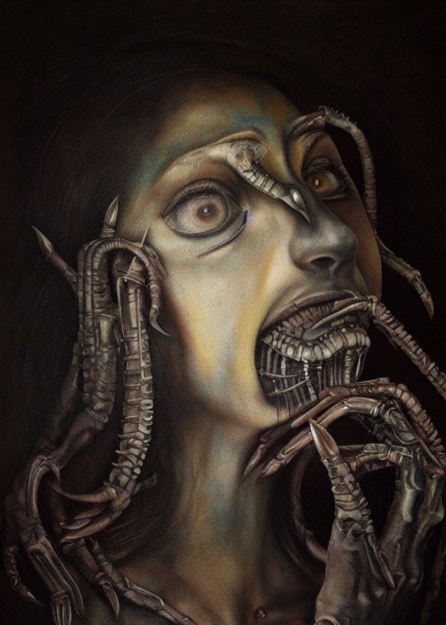 Surreal portrait of person with mechanical parts and wires creating cyborg look