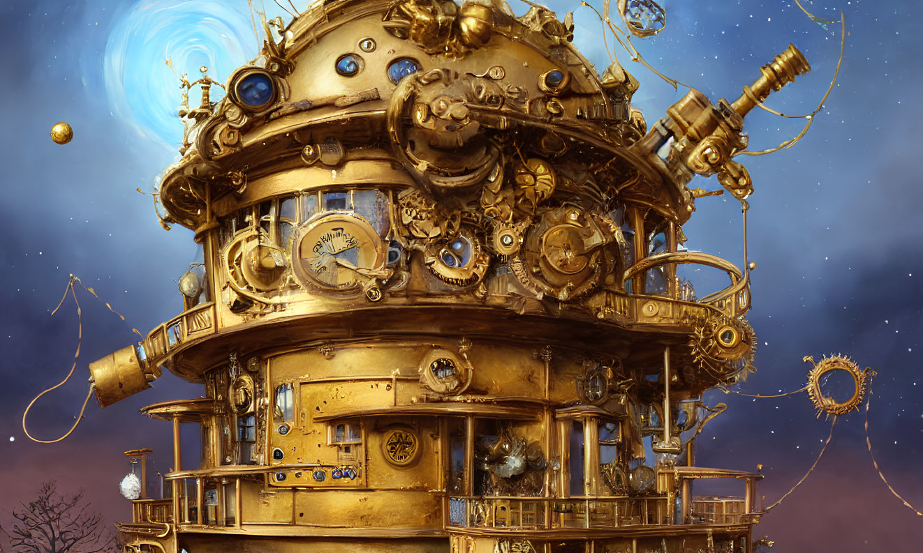 Steampunk tower with gears, clocks, and telescopes under starry sky