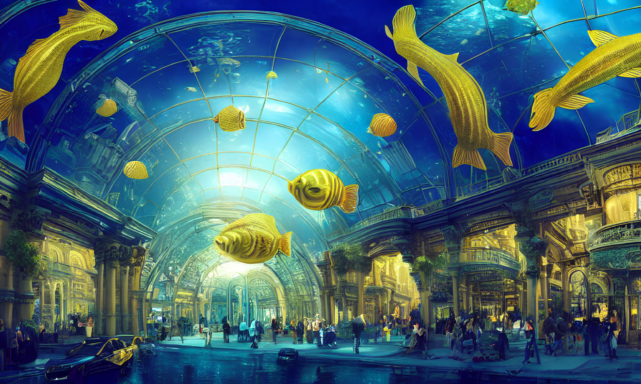 Intricate underwater-themed dome with golden fish sculptures amid classical architecture
