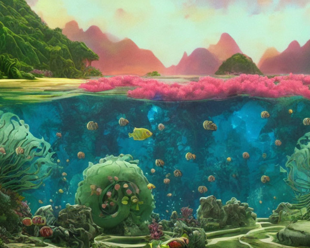 Colorful Coral and Fish in Vibrant Underwater Scene with Green Island and Pink Flora