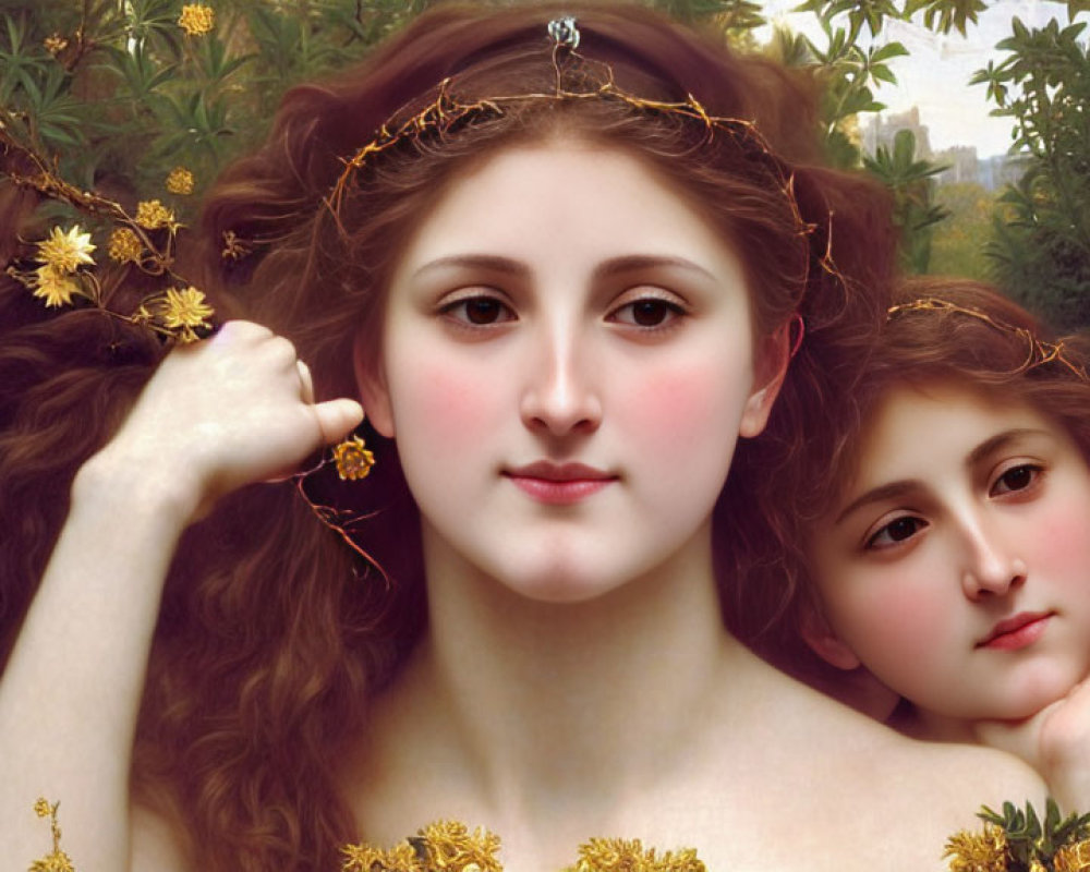 Classical painting of two fair-skinned women with rosy cheeks and golden flower-adorned hair