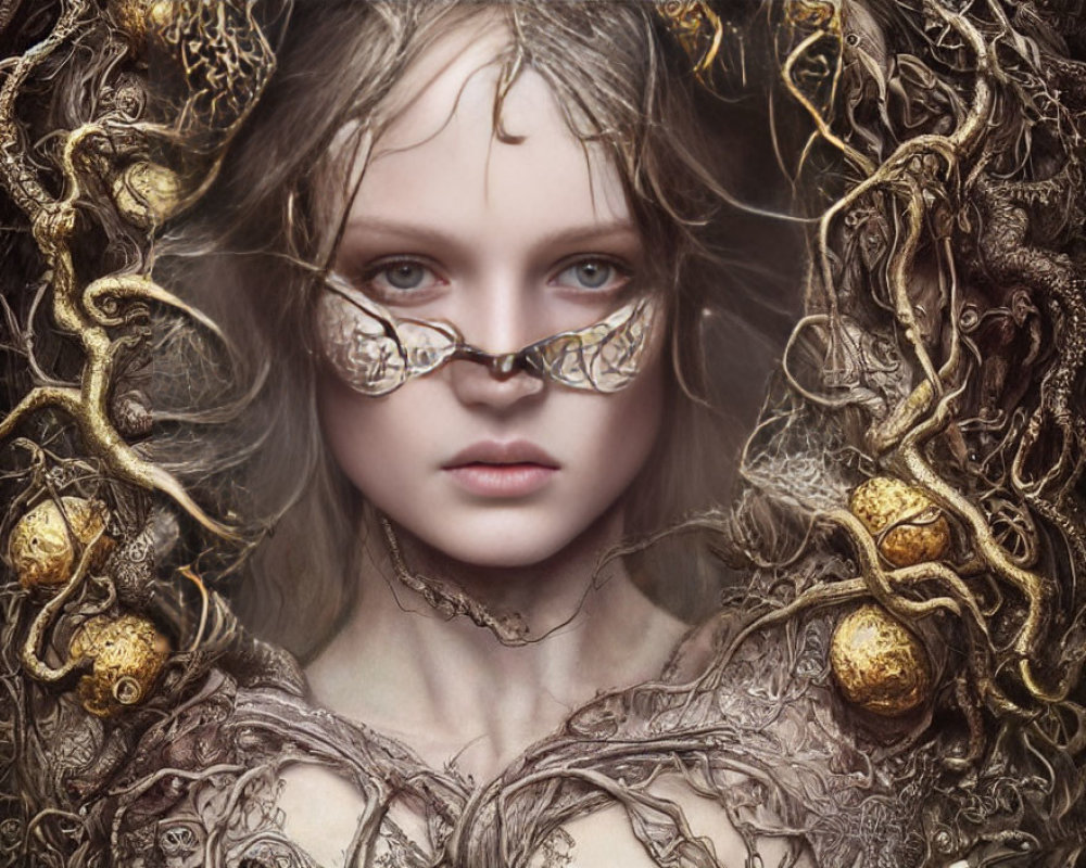 Striking blue-eyed young woman in ornate metallic filigree and vines